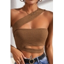 Ladies Hot Tank Top Whole Colored Sloping Shoulders Hollow Out Knit Wrap Tank Top