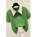 Ladies Simple Polo Shirt Contrast Color Short-Sleeved Spread Collar Zip Fly Polo Shirt