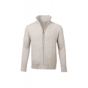Cool Cardigan Solid Color Stand Collar Full Zipper Ribbed Trim Cardigan for Men