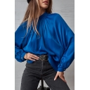 Irregular Stand Collar Shirt Women's Fashion Satin Plain Long Sleeves Blouses