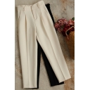Fashionable Girls Pants Solid Zip Placket Straight Mid Rise Ankle Length Pants