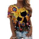 Casual Ladies Tee Shirt 3D Pattern Crew Neck Fitted Short Sleeves Tee Shirt