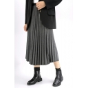 Ladies Creative Skirt Whole Colored Midi High Elastic Waist Pleated Skirt