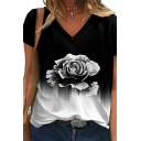 Modern Tee Shirt 3D Floral Print Short Sleeves Regular V-neck Tee Shirt for Women