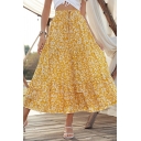 Chic Girls Skirt Floral Print Drawstring Midi Length Ruffles Detailed A-Line Skirt