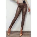 Ladies Modern Pants Solid Color Button-up Split Mid Rise Ankle Length Leather Pants