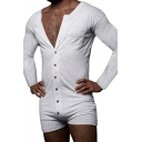 Leisure Guys Rompers Solid Round Collar Long Sleeve Button Closure Chest Pocket Rompers