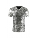 Guys Stylish T-Shirt Geometric Printed V Neck Short-Sleeved Slim Fit Tee Shirt