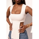Street Look Tank Top Pure Color Square Neck Irregular Front Backless Crop Tank for Women
