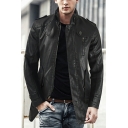 Men Cool Jacket Pure Color Belt Stand Collar Long Sleeves Fit Zip Placket Leather Jacket