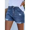 Girls Edgy Shorts Whole Colored Ripped Mid Waist Regular Fit Turn up Zip Fly Denim Shorts