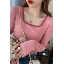 Girls Trendy T-shirt Pure Color Square Collar Long-sleeved Skinny Tee Shirt
