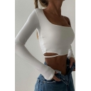 Street Style Cropped T-Shirt Plain Square Collar Long Sleeves T-Shirt for Women