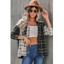 Boyish Blouse Square Patterned Button down Flap Pocket Long Sleeves Blouse for Women