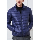 Chic Men Parka Coat Whole Colored Pocket Stand Collar Fitted Zip Placket Puffer Jacket