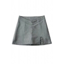 Boyish Ladies Skirt Pure Color High V Waist Split Front Mini Length A-Line Skirt
