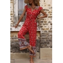 Classic Jumpsuits Tribal Pattern Ruffles Cap Sleeve V Neck Button Fly Jumpsuits for Ladies