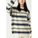 Classic Sweater Stripe Print Ribbed Trim Long-sleeved Crew Neck Pullover Sweater for Men