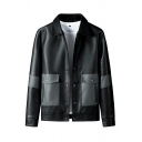 Elegant Guy's Jacket Color Block Front Pocket Spread Collar Button Fly Leather Jacket