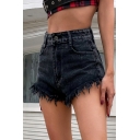Girlish Women's Shorts Solid Color Cut-outs Zip Placket Pocket High Rise Denim Shorts