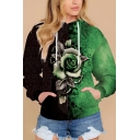 Cool Women Hoodie 3D Floral Print Pocket Long Sleeves Hooded Drawstring Regular Hoodie