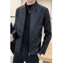 Simple Guys Jacket Pure Color Pocket Stand Collar Long-Sleeved Fitted Zip Fly PU Jacket