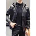 Men Cool Jacket Pure Color Pocket Hooded Long Sleeves Fitted Zip Fly Leather Jacket