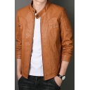 Fancy Jacket Whole Colored Stand Collar Long Sleeves Zip Placket Leather Jacket for Men