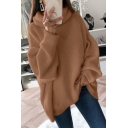 Leisure Women Sweater Pure Color Rib Trim Long Sleeve Turtle Neck Baggy Pullover Sweater