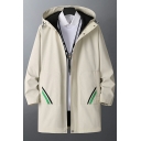 Fashion Guys Coat Contrast Line Pocket Hooded Relaxed Drawstring Zip down Trench Coat
