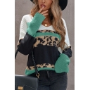 Casual Sweater Leopard Pattern Long Sleeve V Neck Fitted Pullover Sweater for Girls