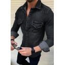 Boy's Hot Jacket Plain Chest Pocket Turn-down Collar Skinny Single-Breasted Denim Jacket
