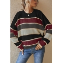 Stylish Girls Sweater Striped Print Long Sleeves Crew Neck Relaxed Pullover Sweater
