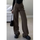 Fashionable Pants Plain High Rise Pocket Long Length Straight Button Fly Pants for Girls