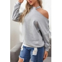 Classic Sweatshirt Plain One Shoulder Long Sleeve Baggy Pullover Sweatshirt for Girls