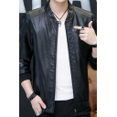 Trendy Jacket Solid Color Stand Collar Long Sleeve Zip Placket Leather Jacket for Guys