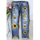 Women's Fashion Jeans Slim Mid Waist Sunflower Pattern Ripped Jeans