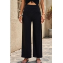 Simple Pants Pocket Solid Color Mid Rise Full Length Loose Wide Leg Pants for Ladies