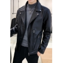 Retro Men Coat Plain Pocket Lapel Collar Long Sleeve Slimming Zip Down Leather Jacket