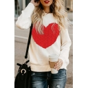 Leisure Women Sweater Heart Pattern Rib Trim Long Sleeve Crew Neck Fitted Pullover Sweater