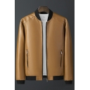 Simple Jacket Pure Color Stand Collar Pocket Long Sleeve Regular Zip Fly PU Jacket for Men