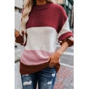 Daily Girl's Sweater Contrast Color Ribbed Hem Long Sleeve Round Neck Pullover Sweater