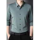 Urban Button Shirt Pure Color Button Closure Long Sleeves Turn-down Collar Shirt for Men