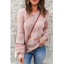 Casual Women Sweater Contrast Line Knitted Long Sleeve Crew Neck Regular Pullover Sweater