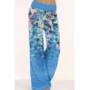 Women Dashing Pants Floral Pattern Mid Rise Full Length Elastic Waist Wide Leg Pants