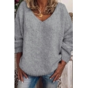 Ladies Fancy Sweater Pure Color Long Sleeve V-neck Relaxed Pullover Sweater