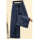 Dashing Ladies Jeans Solid Pocket Front Oversized Long Length Drawstring Wide Leg Jeans