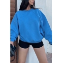 Women Edgy Sweatshirt Pure Color Round Collar Long Sleeves Loose Fit Pullover Sweatshirt