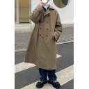Cool Mens Coat Plain Pocket over The Knee Length Lapel Collar Double Breasted Trench Coat