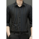 Boy's Fashionable Shirt Stripe Print Spread Collar Long-sleeve Slim Fitted Button-up Shirt